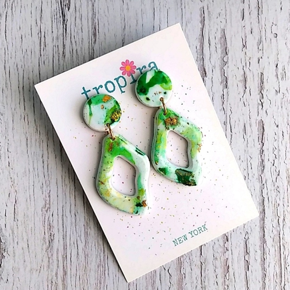 Green and White Abstract Earrings